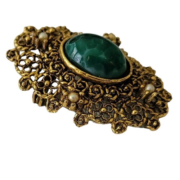 Gold Tone Vintage Oval Filigree Green Mottled Cab Faux Pearl Brooch E851 - Picture 4 of 9